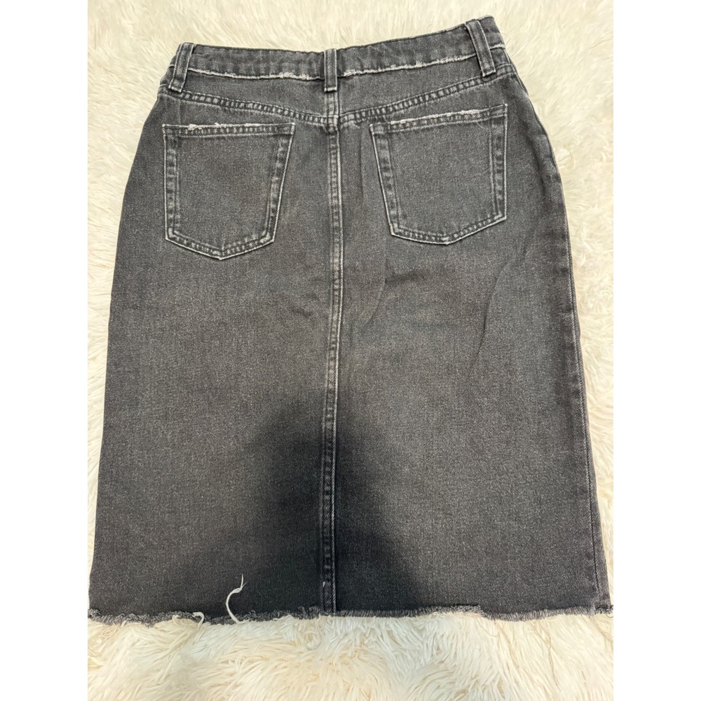 H&M Black Denim Midi Skirt Raw Hem Front Slit Size 6 Washed Faded Jean Skirt